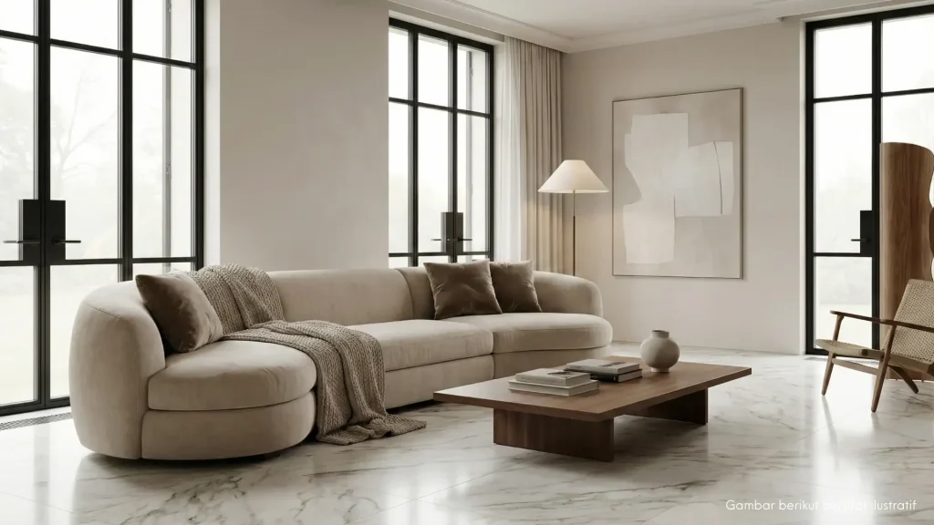 Desain interior ruang keluarga hunian modern yang mewah dengan konsep open-plan, sofa nyaman, dan pencahayaan alami dari jendela besar.