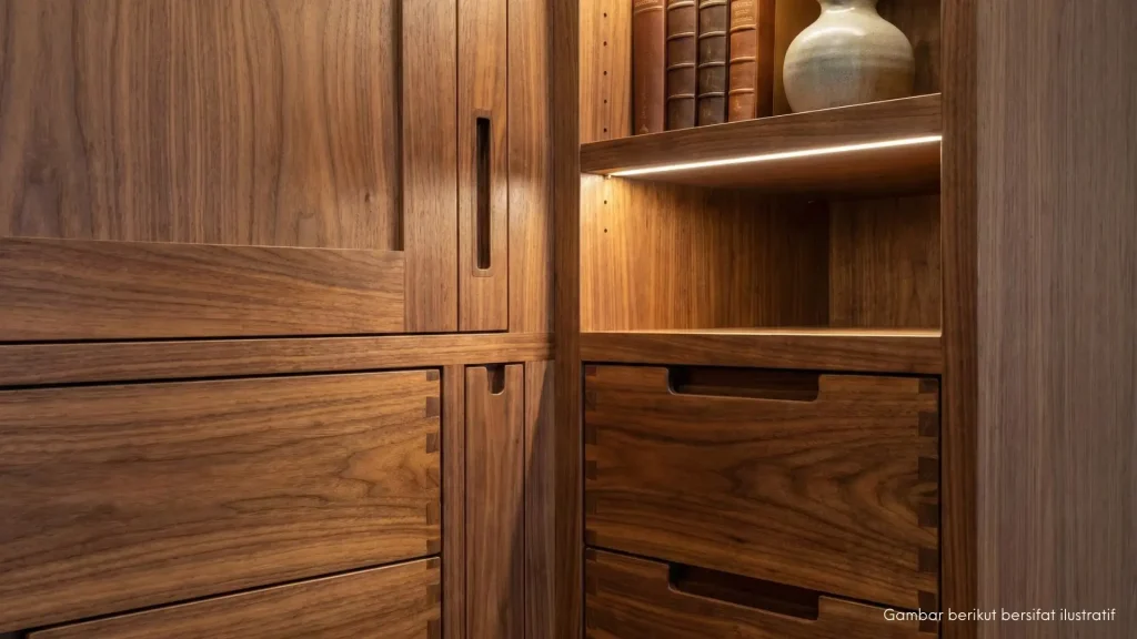 Detail pengerjaan furnitur kayu custom (joinery) berkualitas tinggi pada lemari built-in dengan finishing yang halus dan presisi.