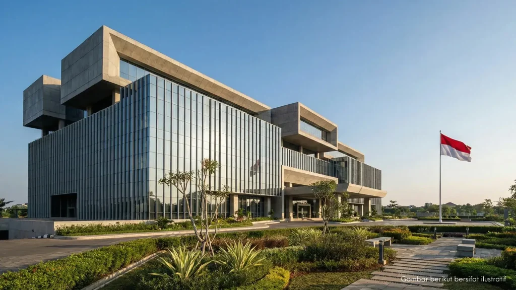 Gedung layanan publik dan pemerintah dengan desain arsitektur modern yang kokoh, fungsional, dan memiliki fasad kaca serta beton