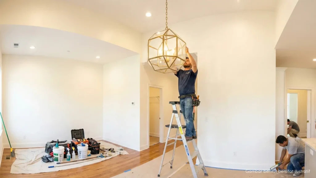 Hasil akhir renovasi ruangan interior dengan finishing cat dinding premium yang rapi, lantai bersih, dan instalasi pencahayaan modern