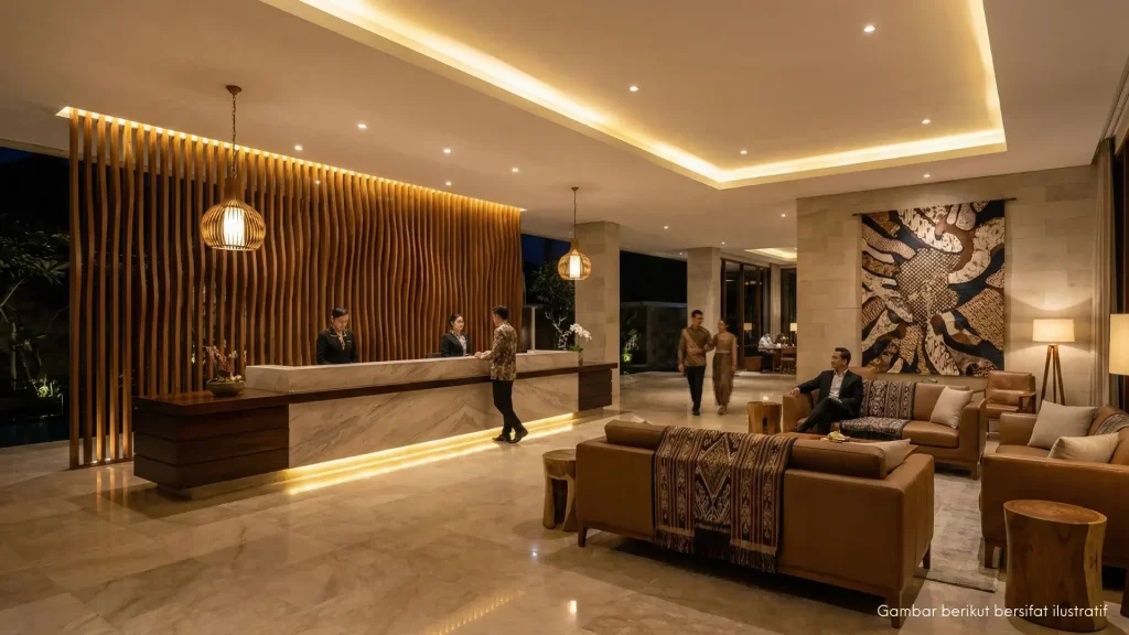 Interior lobi hotel butik dan area komersial yang elegan, memadukan standar desain internasional dengan aksen dekorasi budaya lokal.