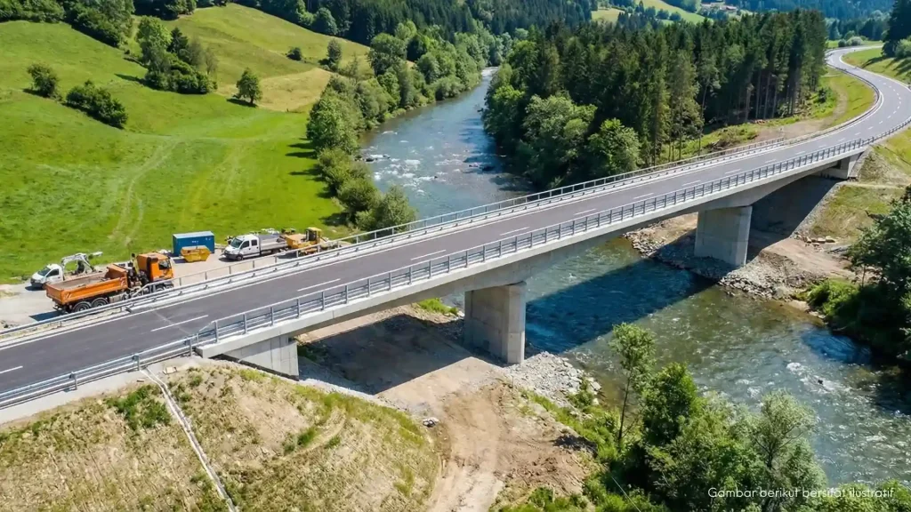 Konstruksi jembatan beton dan jalan raya baru yang kokoh melintasi sungai sebagai bagian dari proyek pengembangan infrastruktur konektivitas.