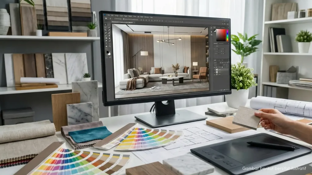 Layar komputer menampilkan visualisasi 3D rendering desain interior dan sampel material