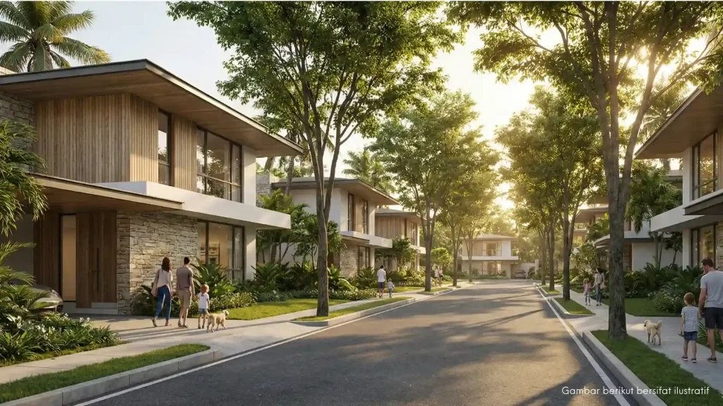 Suasana lingkungan kompleks perumahan cluster yang asri dengan jalan aspal rapi, pepohonan hijau, dan deretan rumah berdesain minimalis modern