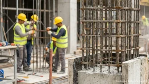 Tim kontraktor profesional sedang melakukan penguatan struktur pilar bangunan beton