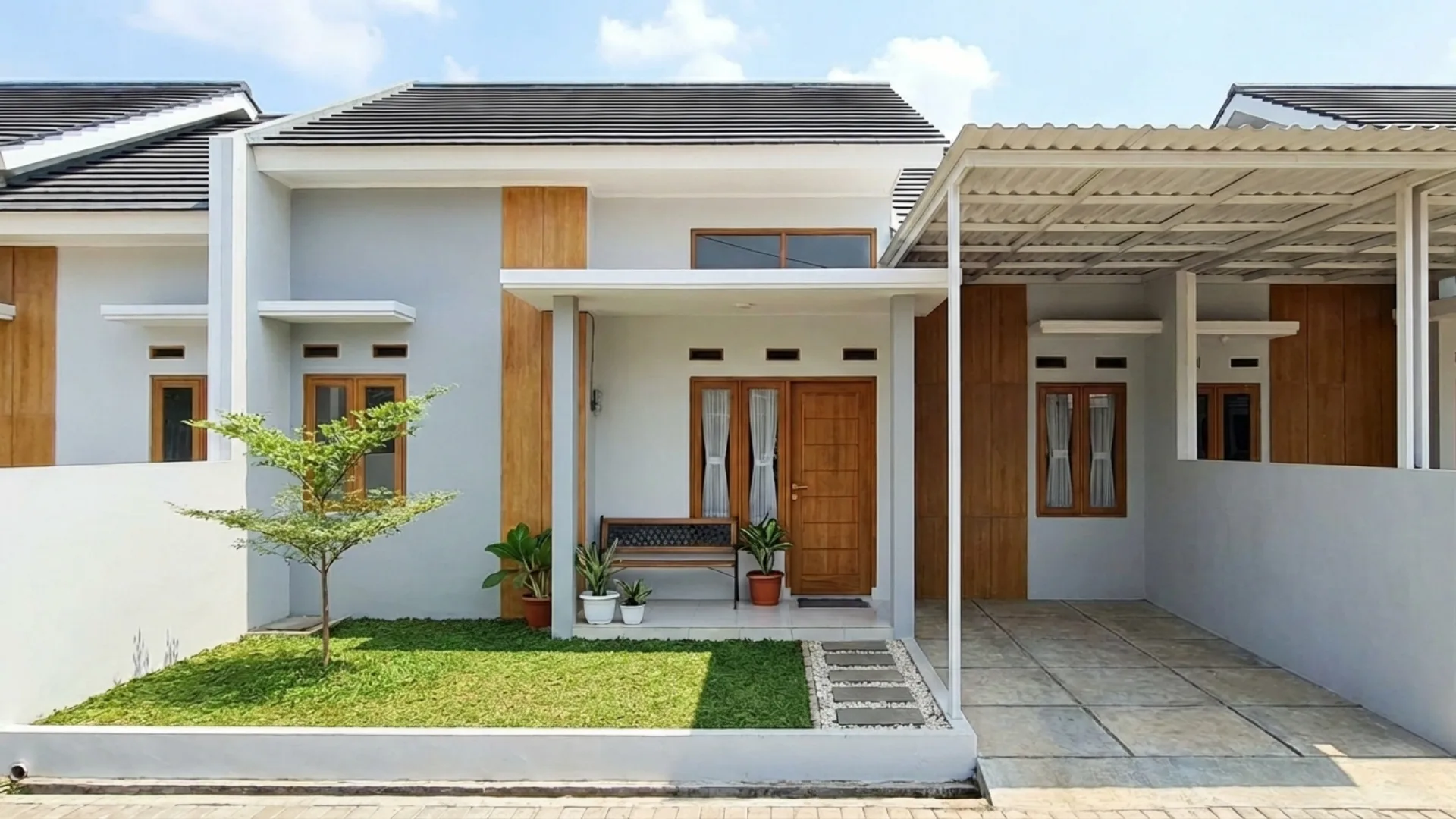 Hasil jadi jasa bangun rumah minimalis modern type 36 atau 45 dengan finishing rapi dan carport kanopi oleh Ideal Kontraktor
