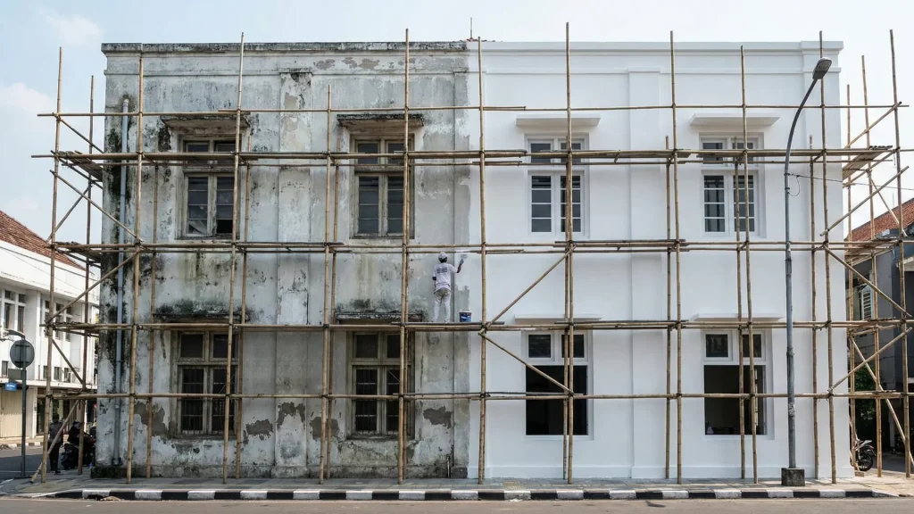 Proyek renovasi total fasad gedung tua dan pengecatan ulang eksterior bangunan komersial oleh kontraktor bangunan terpercaya Ideal Kontraktor