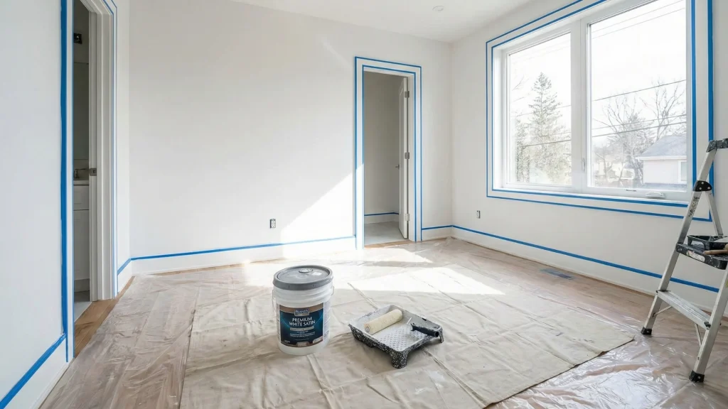 Persiapan pengecatan dinding interior dengan masking tape biru dan cat putih premium, menjamin hasil finishing dinding yang halus, rata, dan bersih