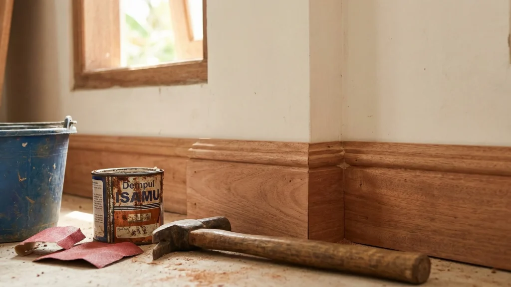 Detail sambungan profil kayu meranti pada dinding (wall moulding) yang presisi dengan dempul, pengerjaan custom furniture dan finishing kayu halus