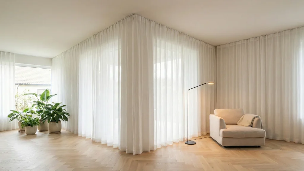 Hasil akhir renovasi ruangan bergaya modern minimalis yang terang dan luas, dengan lantai kayu herringbone dan dinding cat matte off-white.