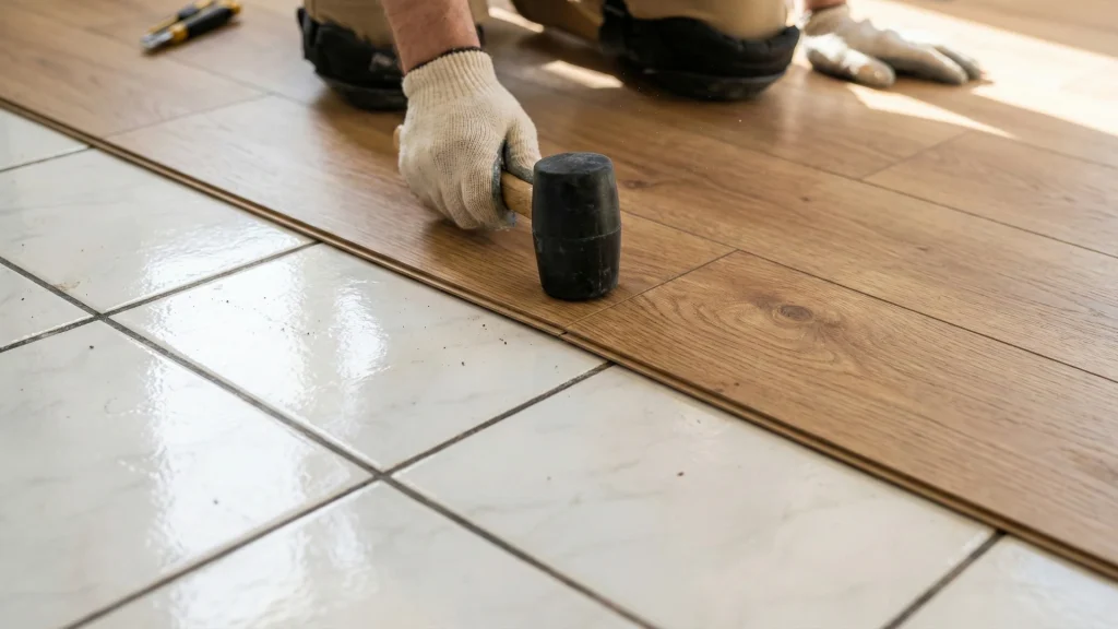 Tukang memasang lantai vinyl motif kayu di atas keramik lama menggunakan palu karet, proses renovasi lantai interior cepat tanpa bongkar.