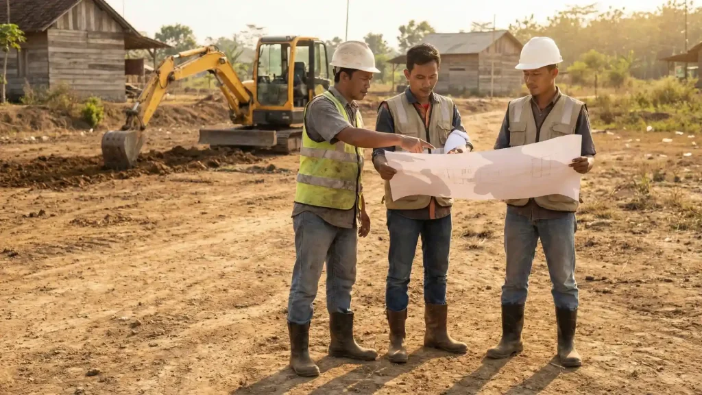 Tim arsitek dan kontraktor sipil Ideal Kontraktor melakukan survey lokasi dan peninjauan gambar kerja sebelum memulai land clearing